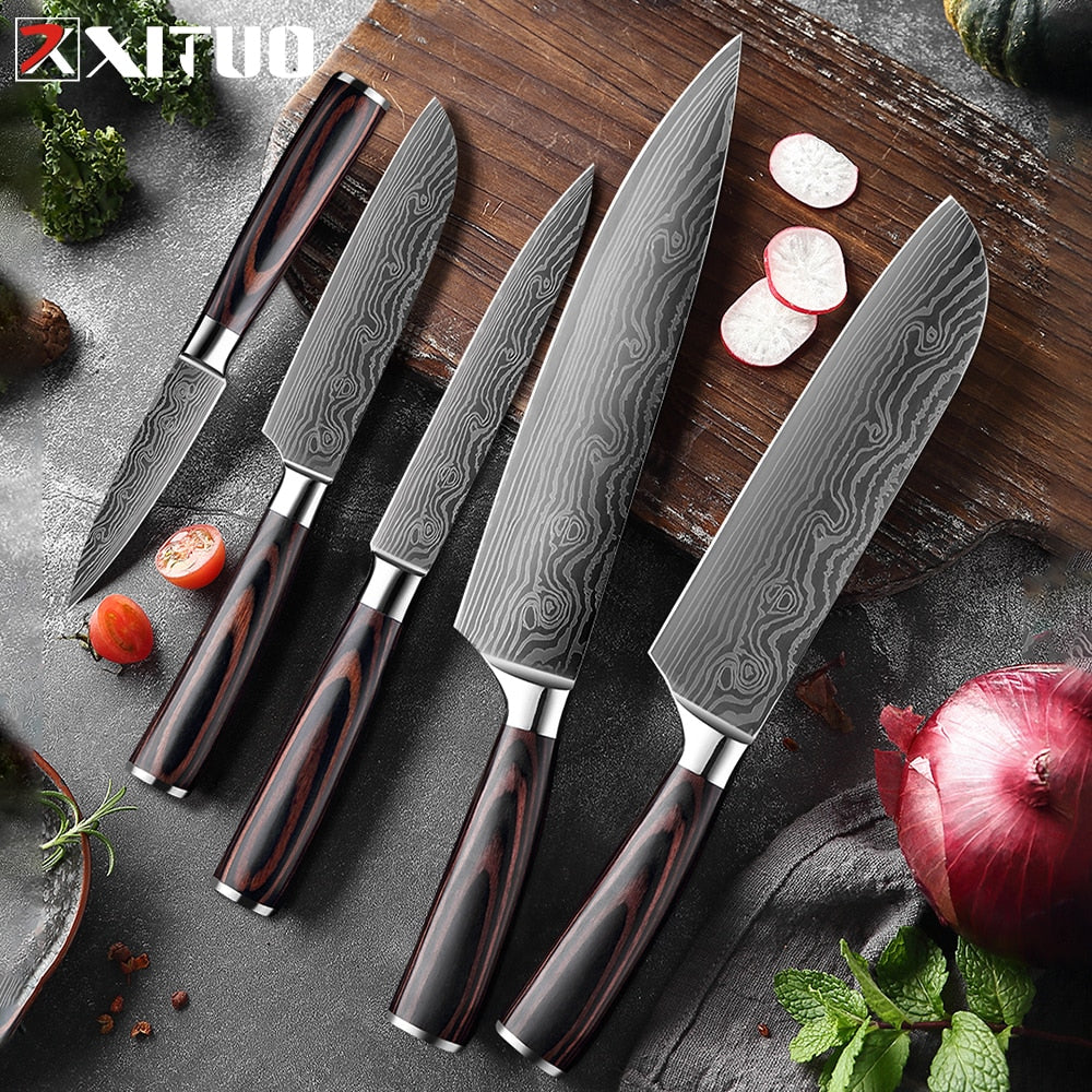 XITUO 1-5PCS set Chef Knife Japanese Stainless Steel Sanding Laser Pattern Knives Professional Sharp Blade Knife Cooking Tool
