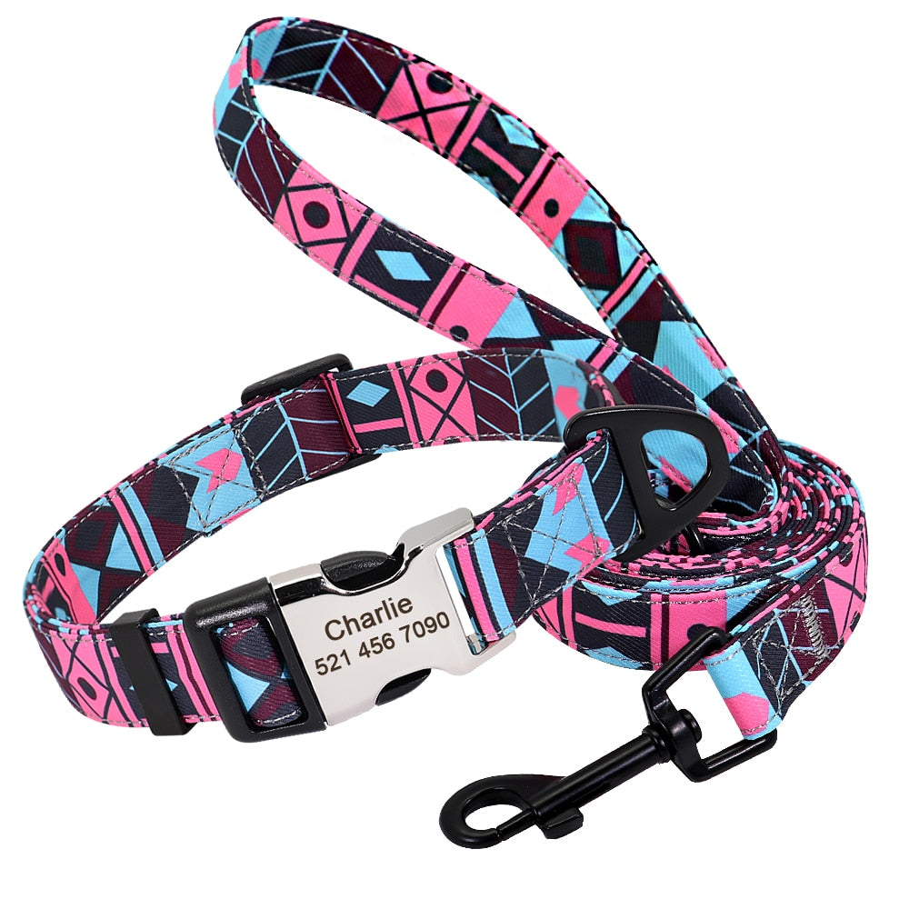 Nylon Customized Dog Collar Fashion Printed Dog Lead Leash Personalized Pet ID Tag Collars Free Engraving For Small Medium Dogs