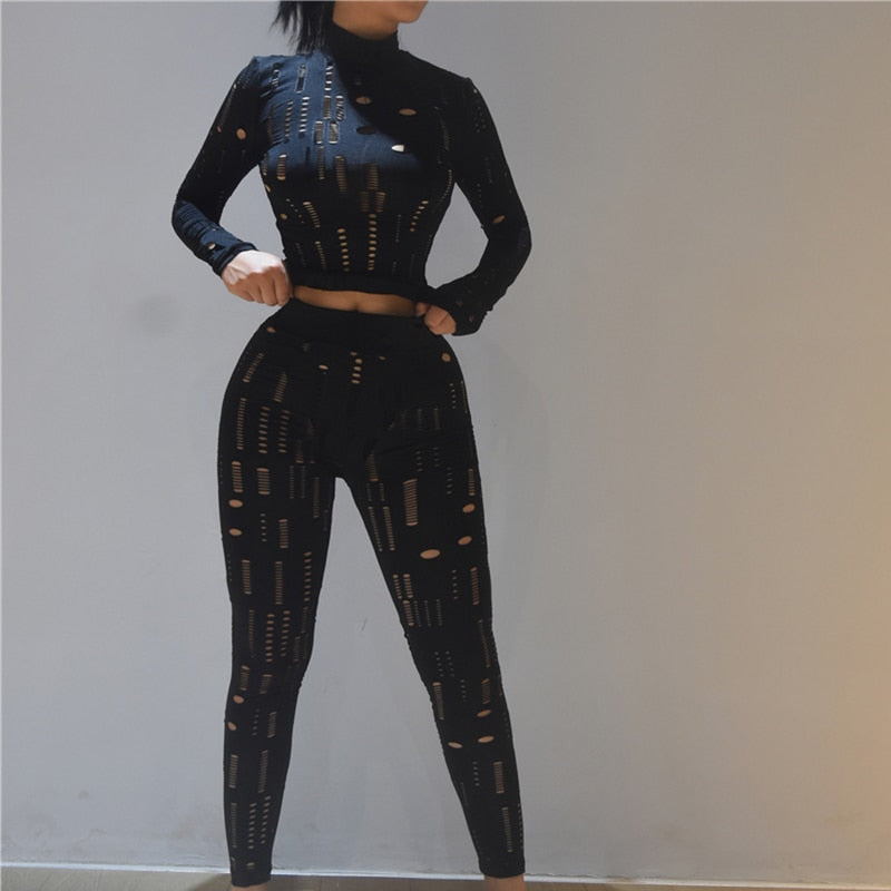 Women Autumn  Biker Style Two Piece Set Hollow Out Long Sleeve Turtleneck Top+Solid Sheath Stretchy Waist Female Pants