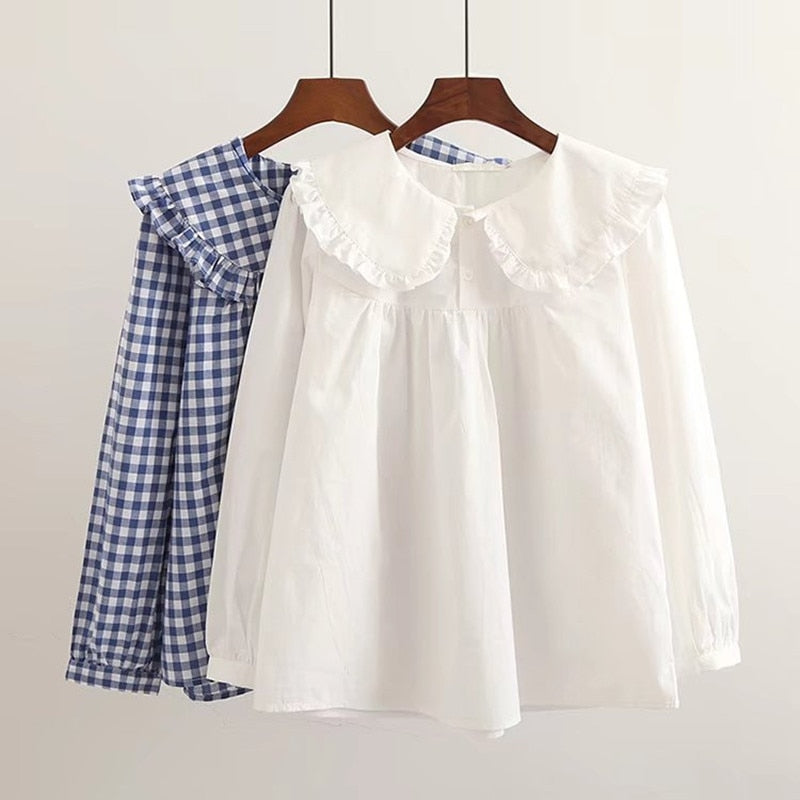 Women Plaid Shirt Long Sleeve Spring Summer Tops Ladies Japanese Mori Girl Peter pan Collar Cute Baby doll Cotton White Blouses