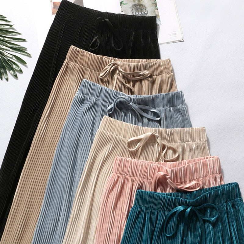 2023 Women&#39;s Pleated Loose Ice Silk Korean Casual Cropped Pants Wide Leg Trouse Home Classic Sports Wear Girls Clothes Black Top