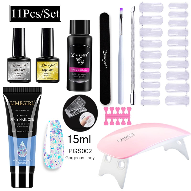 Limegirl Poly Nail Gel Set Nail Gel Kit 15ml Crystal Building Clear Colors Gel with Lamp Gel Nail Polish For Nail Extensions Set