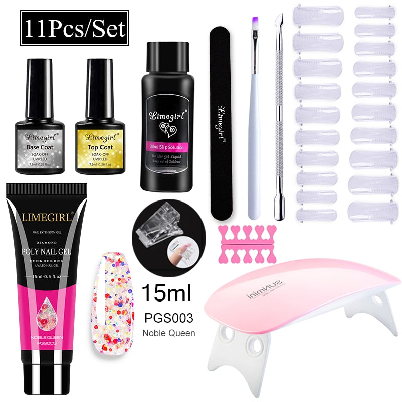 Limegirl Poly Nail Gel Set Nail Gel Kit 15ml Crystal Building Clear Colors Gel with Lamp Gel Nail Polish For Nail Extensions Set