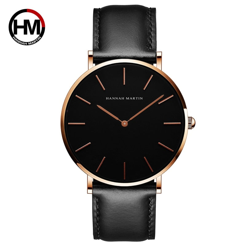 Hannah Martin High Quality Rose Gold Dial Watch Men Leather Waterproof Wristwatch Women Dress Fashion Japan Quartz Movement Saat