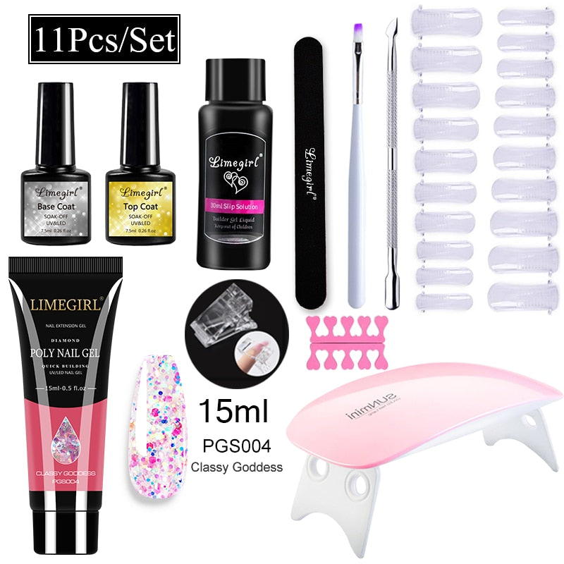 Limegirl Poly Nail Gel Set Nail Gel Kit 15ml Crystal Building Clear Colors Gel with Lamp Gel Nail Polish For Nail Extensions Set