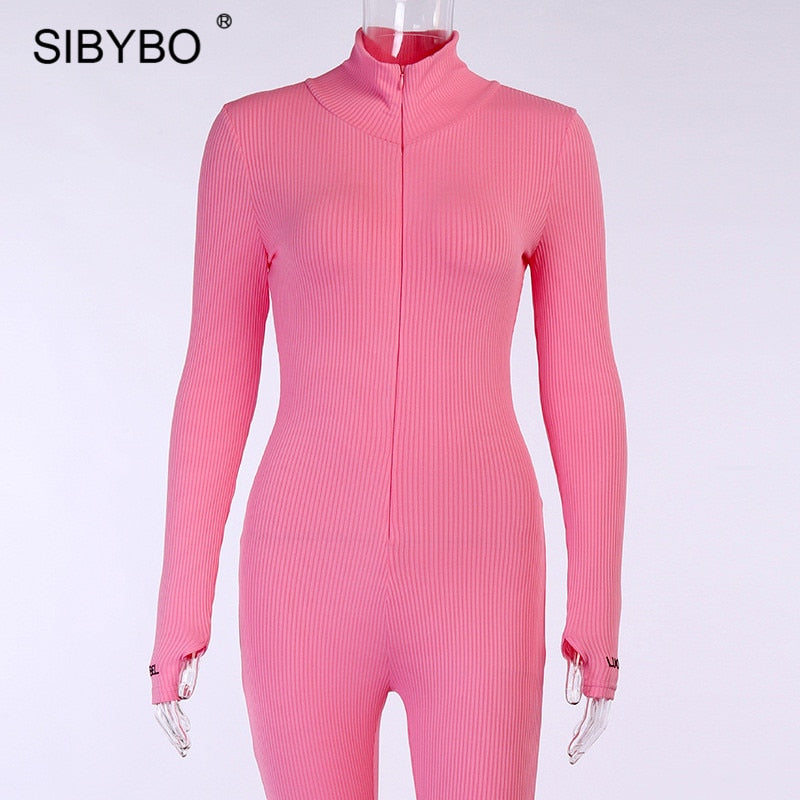 Sibybo Ribbed Turtleneck Sport Wear Casual Jumpsuit Women Letter Embroidery Skinny Sexy Playsuit Female Fitness Rompers Overalls