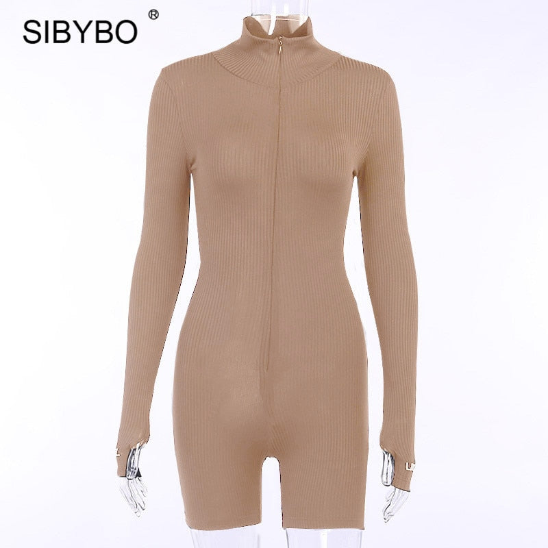 Sibybo Ribbed Turtleneck Sport Wear Casual Jumpsuit Women Letter Embroidery Skinny Sexy Playsuit Female Fitness Rompers Overalls