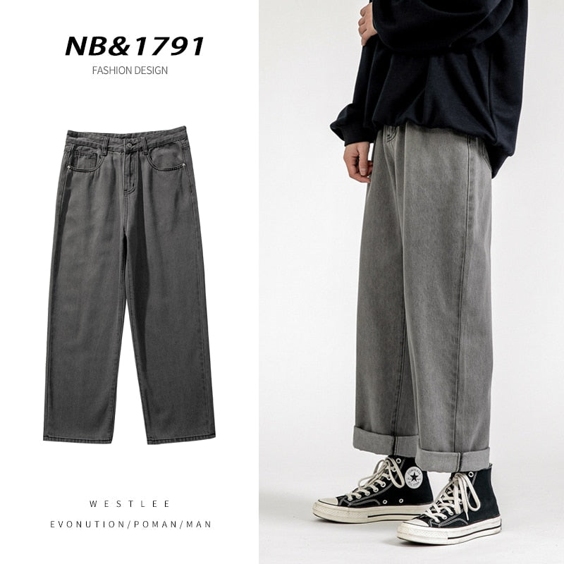 2023 New Korean Fashion Men&#39;s Baggy Jeans Classic Unisex Man Straight Denim Wide-leg Pants Hip Hop Bagy Light Blue Grey Black