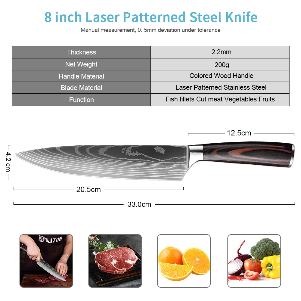 High quality 440C German Kitchen Knife Damascus Laser Pattern Utility Chef Knife EDC Cleaver Filleting Santoku Best Kitchen Tool