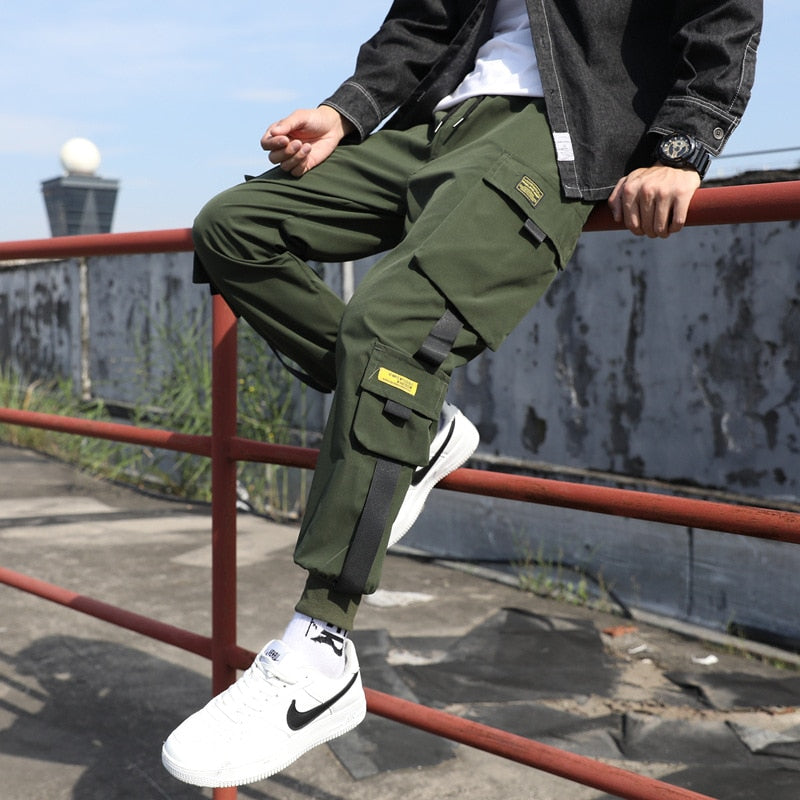 Classic Streetwear Casual Men Ribbons Harem Jogging Pants Male Slim Fit Spring Cargo Pants Multi-Pockets Women Trousers