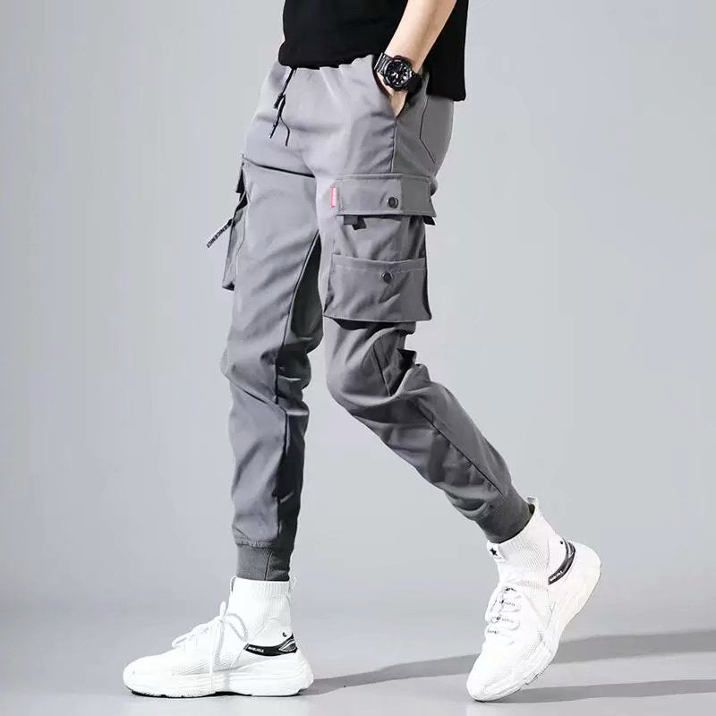 Classic Streetwear Casual Men Ribbons Harem Jogging Pants Male Slim Fit Spring Cargo Pants Multi-Pockets Women Trousers