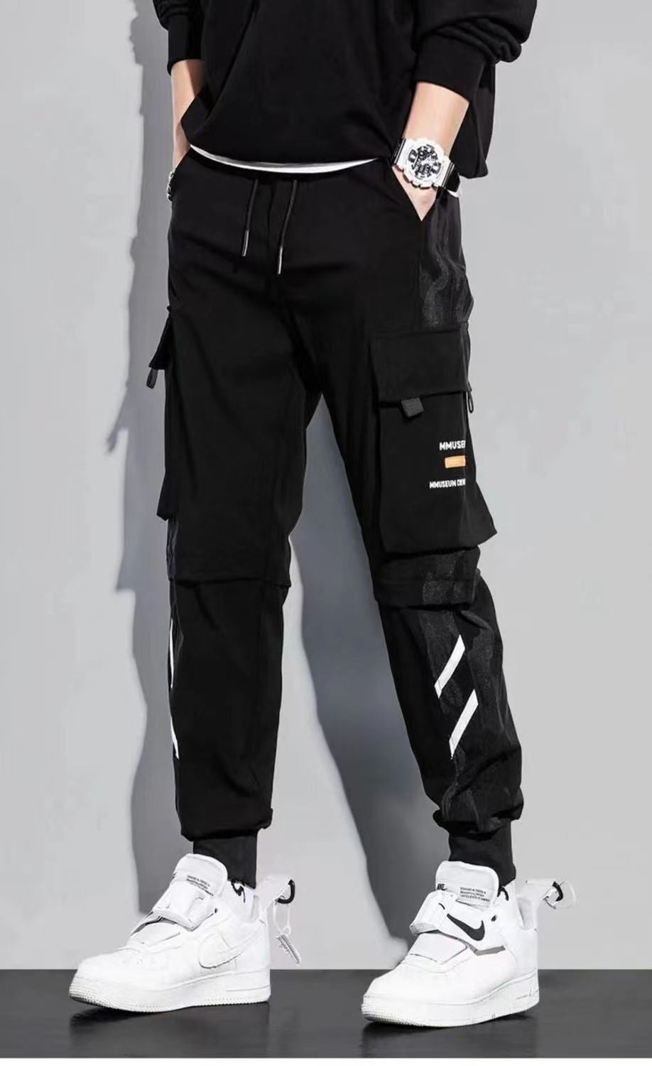 Classic Streetwear Casual Men Ribbons Harem Jogging Pants Male Slim Fit Spring Cargo Pants Multi-Pockets Women Trousers