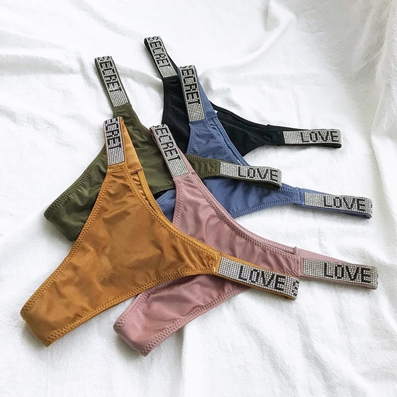 Sexy Women Pantie Crystal Rhinestone Underwear Fitness Gym Thongs Low Rise Fashion Tanga for Female Push Up Lingerie With Letter