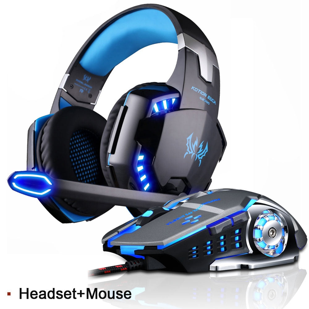 EACH G2000 Gaming Headset Deep Bass Stereo Game Headphone with Microphone LED Light for PC Laptop PS4+Gaming Mouse+Mice Pad