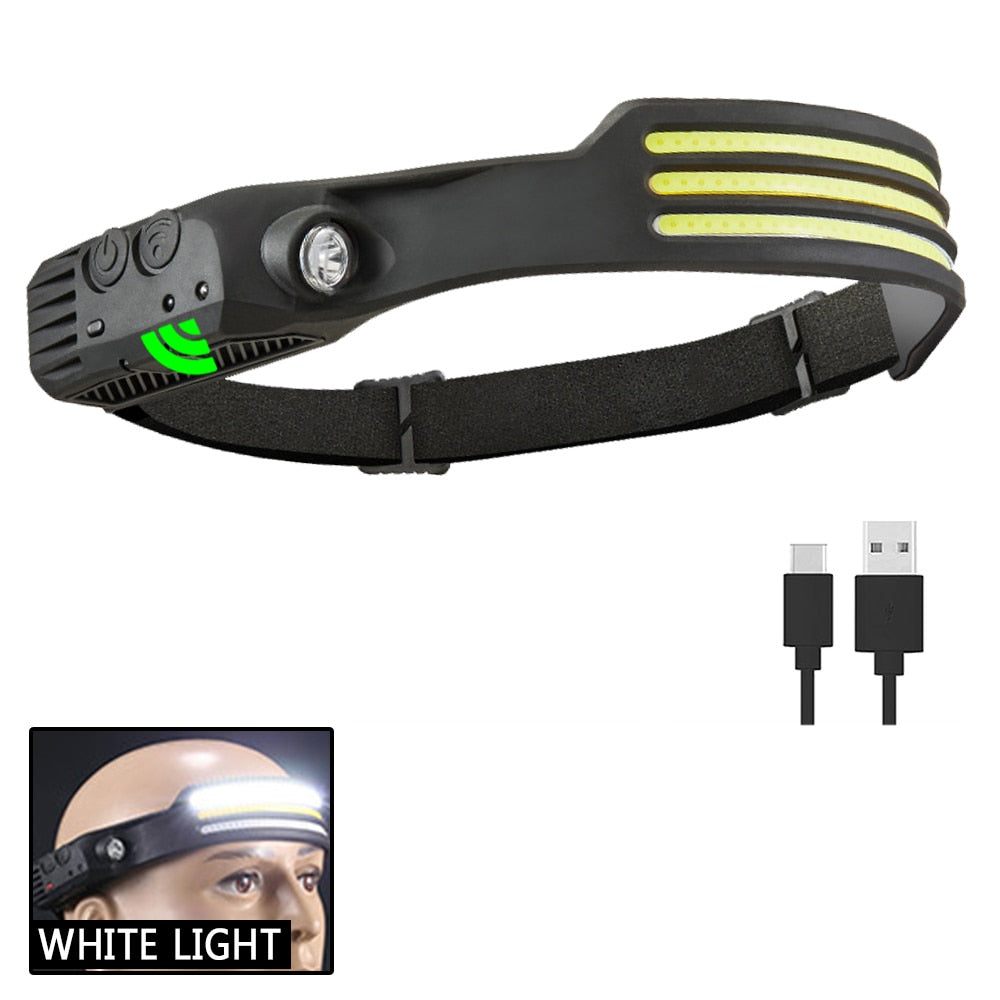 Sensor Headlamp COB LED Head Lamp Flashlight USB Rechargeable Head Torch 5 Lighting Modes Head Light with Built-in Battery