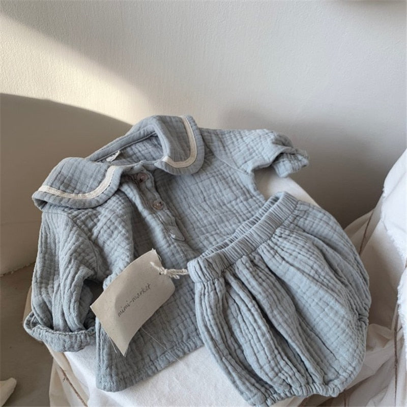 Baby Boy Girl Clothes Set Muslin Spring 0-5Y Baby Organic Cotton Lapel Navy Style Long Sleeve Tops + Shorts Newborn Baby Sets