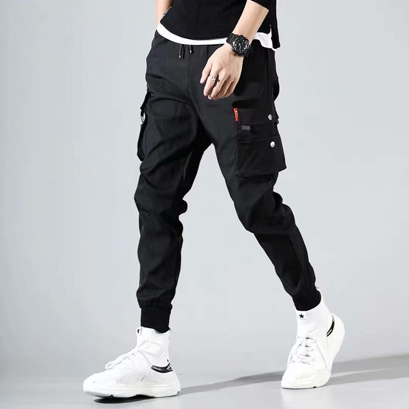 Classic Streetwear Casual Men Ribbons Harem Jogging Pants Male Slim Fit Spring Cargo Pants Multi-Pockets Women Trousers