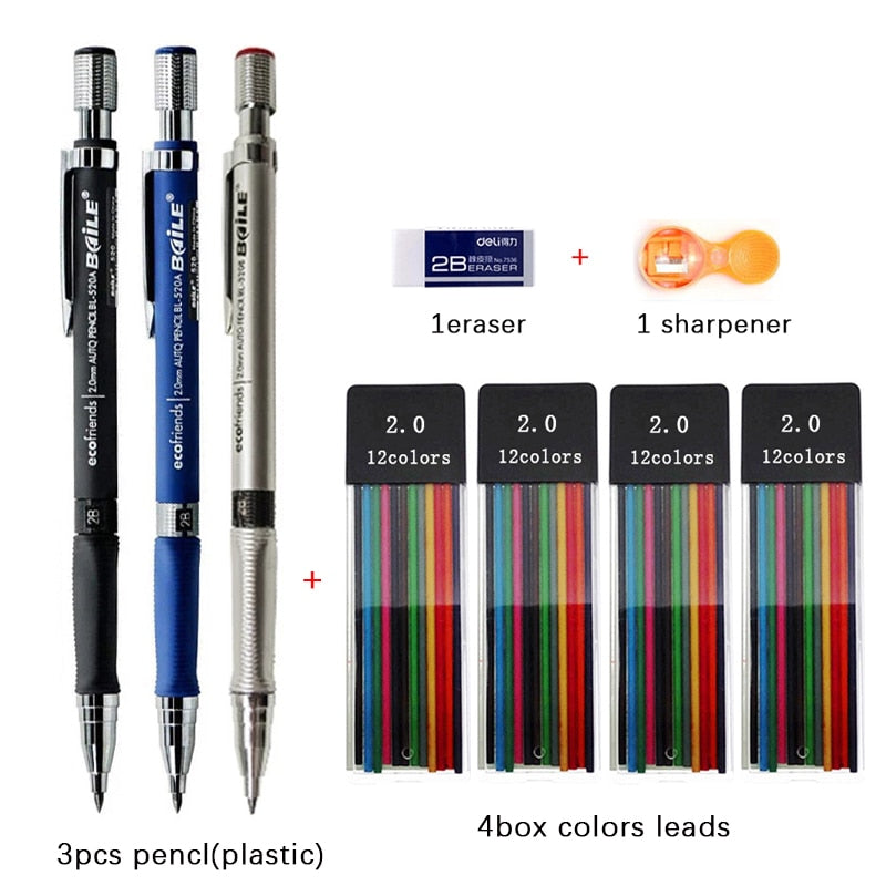 2.0mm Mechanical Pencil Set Black /Color Lead Refill 2B Automatic Pencil Students Art Sketch Painting Writing Kawaiii Stationery