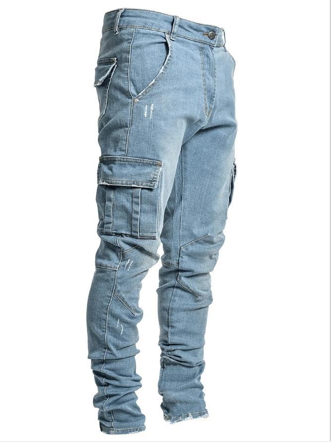 Jeans Men Pants Wash Solid Color Multi Pockets Denim Mid Waist Cargo Jeans Plus Size Fahsion Casual Trousers Male Daily Wear