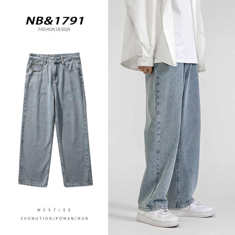 2023 New Korean Fashion Men&#39;s Baggy Jeans Classic Unisex Man Straight Denim Wide-leg Pants Hip Hop Bagy Light Blue Grey Black