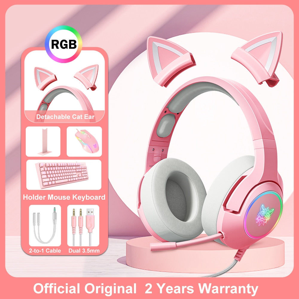 ONIKUMA K9 Pink Cat Ear Headphones with RGB LED Light Flexible Mic Gaming Headset 7.1 Surround Computer Earphones for PC Gamer