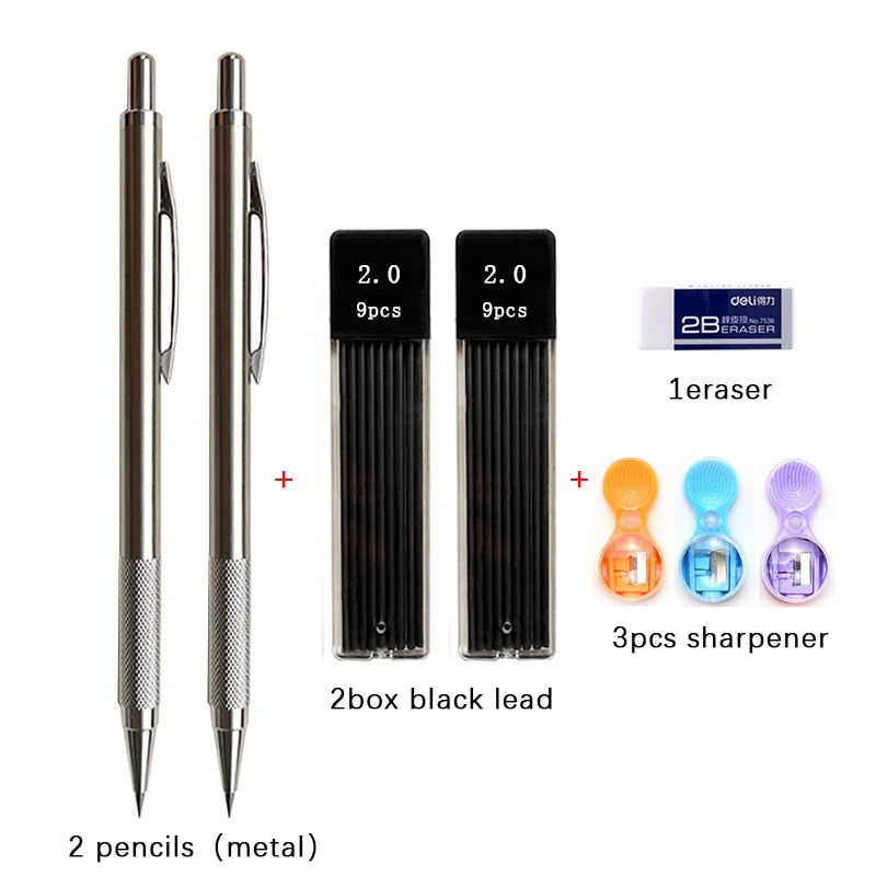 2.0mm Mechanical Pencil Set Black /Color Lead Refill 2B Automatic Pencil Students Art Sketch Painting Writing Kawaiii Stationery