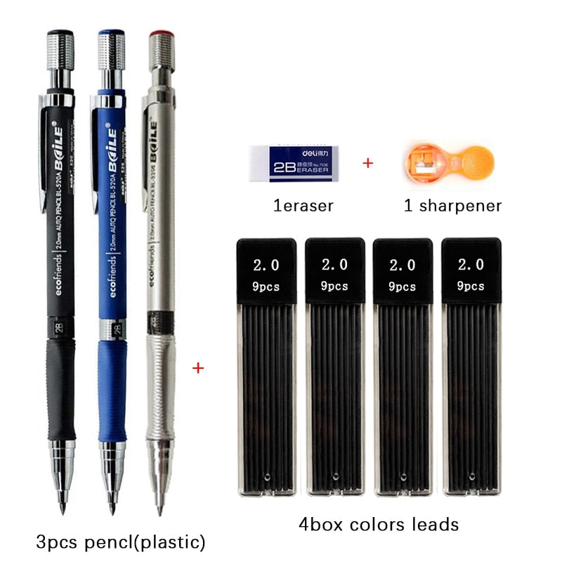 2.0mm Mechanical Pencil Set Black /Color Lead Refill 2B Automatic Pencil Students Art Sketch Painting Writing Kawaiii Stationery