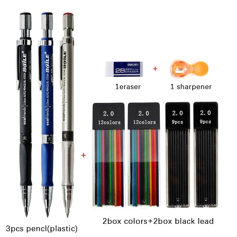 2.0mm Mechanical Pencil Set Black /Color Lead Refill 2B Automatic Pencil Students Art Sketch Painting Writing Kawaiii Stationery