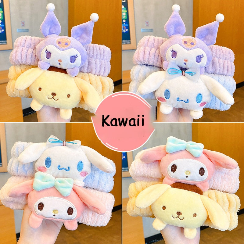 Fashion Kawaii Cinnamoroll My Melody Kuromi Plushie Bow Headband Sanrio Anime Cute Makeup Wash Hair Ring Hair Accessories Gifts