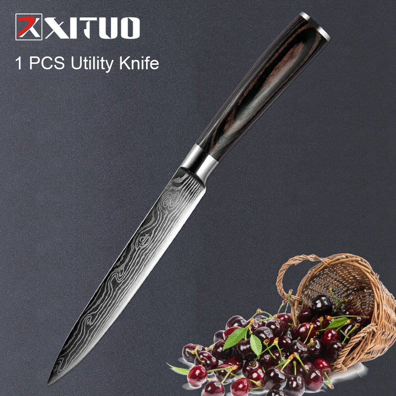 XITUO 1-5PCS set Chef Knife Japanese Stainless Steel Sanding Laser Pattern Knives Professional Sharp Blade Knife Cooking Tool