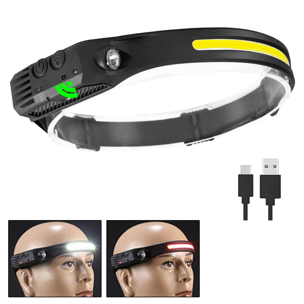 Sensor Headlamp COB LED Head Lamp Flashlight USB Rechargeable Head Torch 5 Lighting Modes Head Light with Built-in Battery