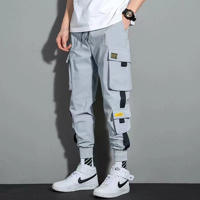 Classic Streetwear Casual Men Ribbons Harem Jogging Pants Male Slim Fit Spring Cargo Pants Multi-Pockets Women Trousers