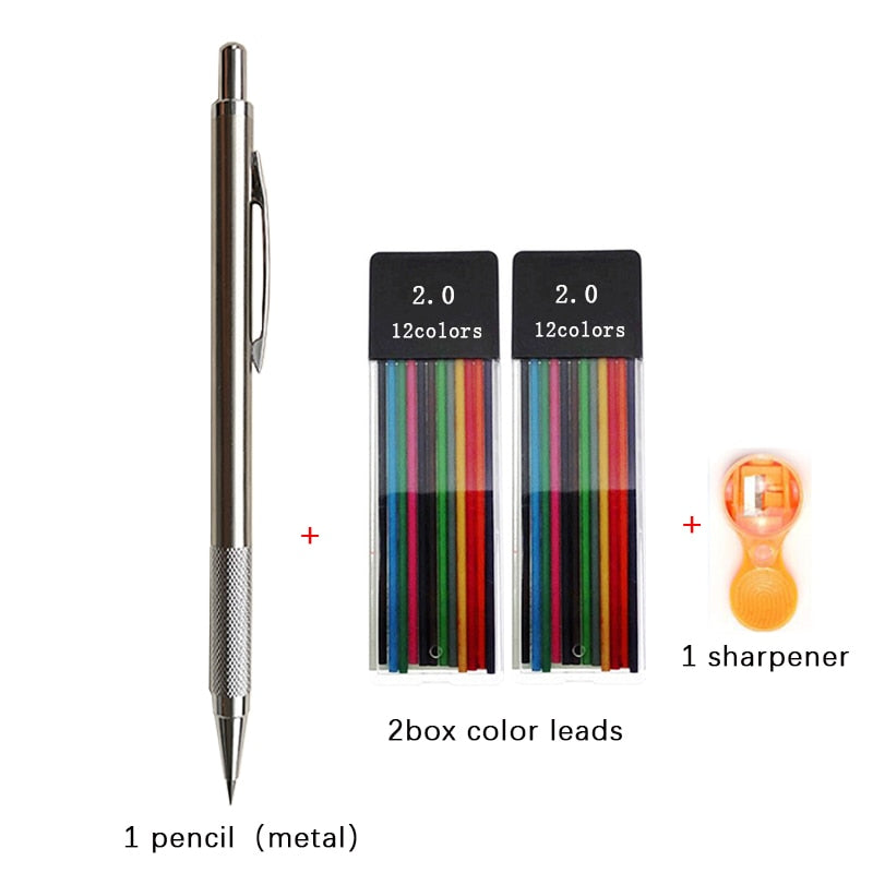 2.0mm Mechanical Pencil Set Black /Color Lead Refill 2B Automatic Pencil Students Art Sketch Painting Writing Kawaiii Stationery