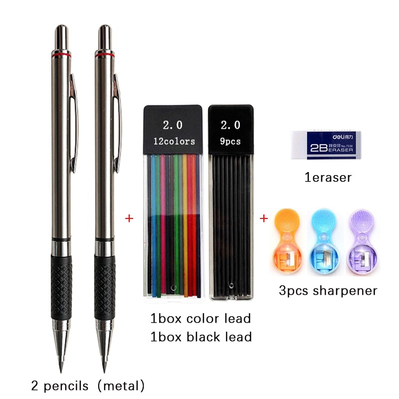 2.0mm Mechanical Pencil Set Black /Color Lead Refill 2B Automatic Pencil Students Art Sketch Painting Writing Kawaiii Stationery