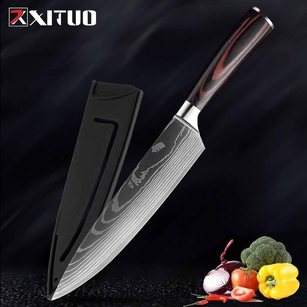 High quality 440C German Kitchen Knife Damascus Laser Pattern Utility Chef Knife EDC Cleaver Filleting Santoku Best Kitchen Tool