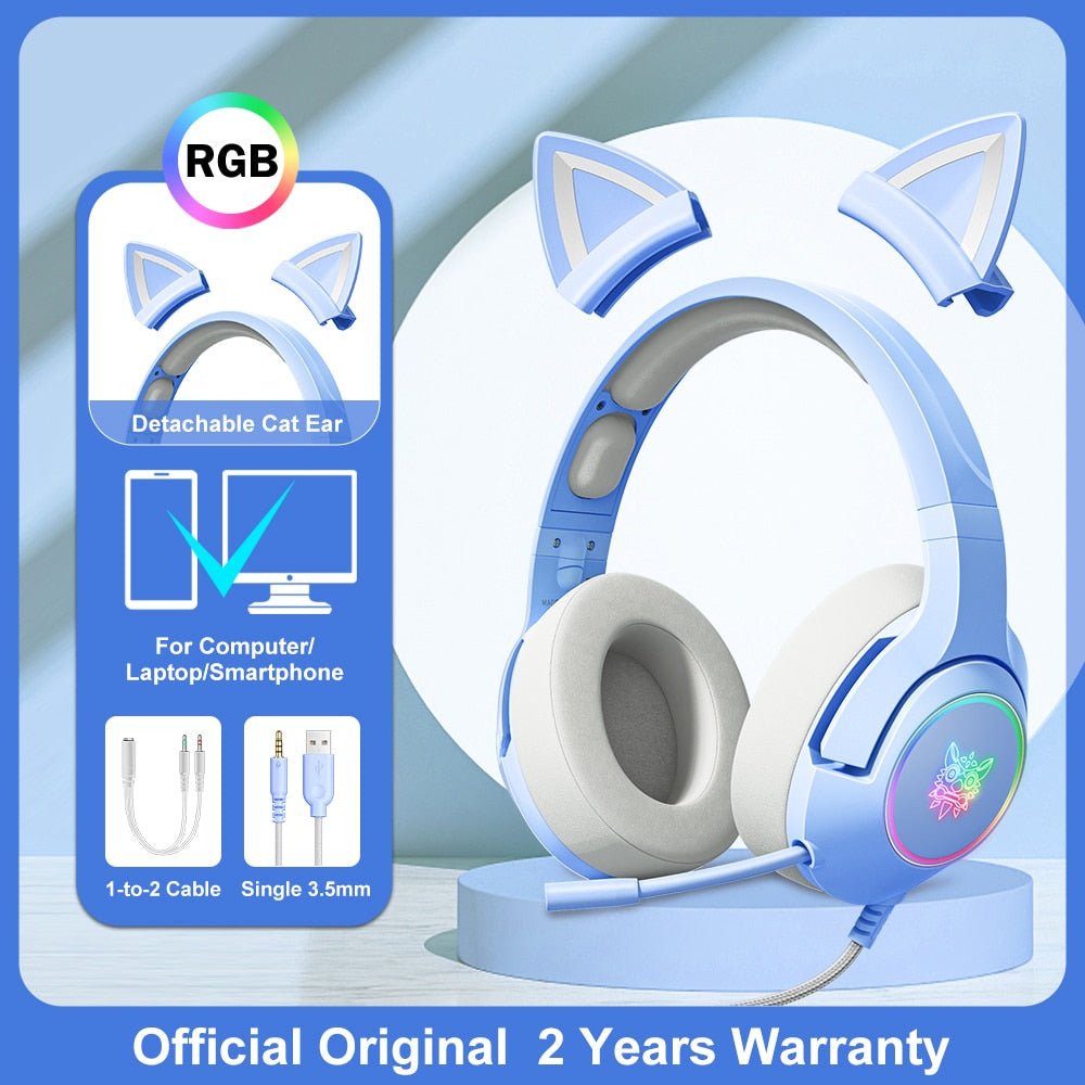 ONIKUMA K9 Pink Cat Ear Headphones with RGB LED Light Flexible Mic Gaming Headset 7.1 Surround Computer Earphones for PC Gamer