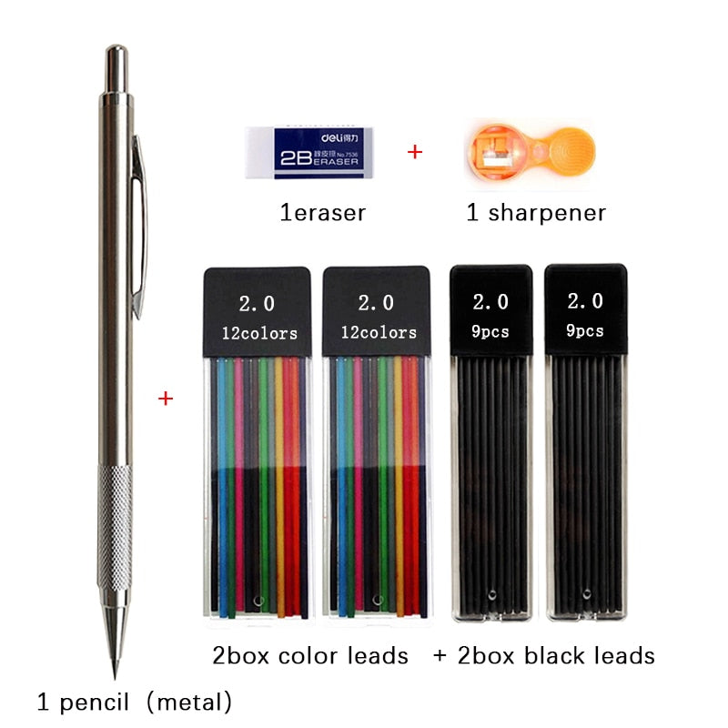 2.0mm Mechanical Pencil Set Black /Color Lead Refill 2B Automatic Pencil Students Art Sketch Painting Writing Kawaiii Stationery