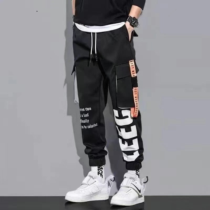 Classic Streetwear Casual Men Ribbons Harem Jogging Pants Male Slim Fit Spring Cargo Pants Multi-Pockets Women Trousers