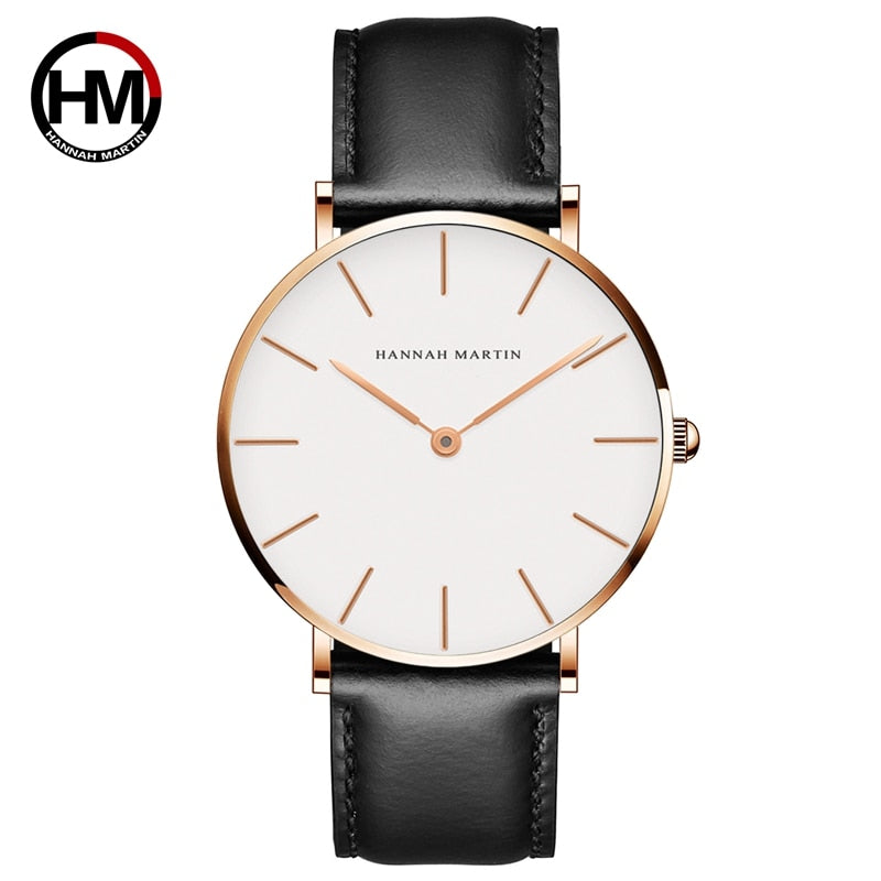 Hannah Martin High Quality Rose Gold Dial Watch Men Leather Waterproof Wristwatch Women Dress Fashion Japan Quartz Movement Saat