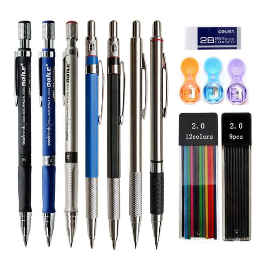 2.0mm Mechanical Pencil Set Black /Color Lead Refill 2B Automatic Pencil Students Art Sketch Painting Writing Kawaiii Stationery