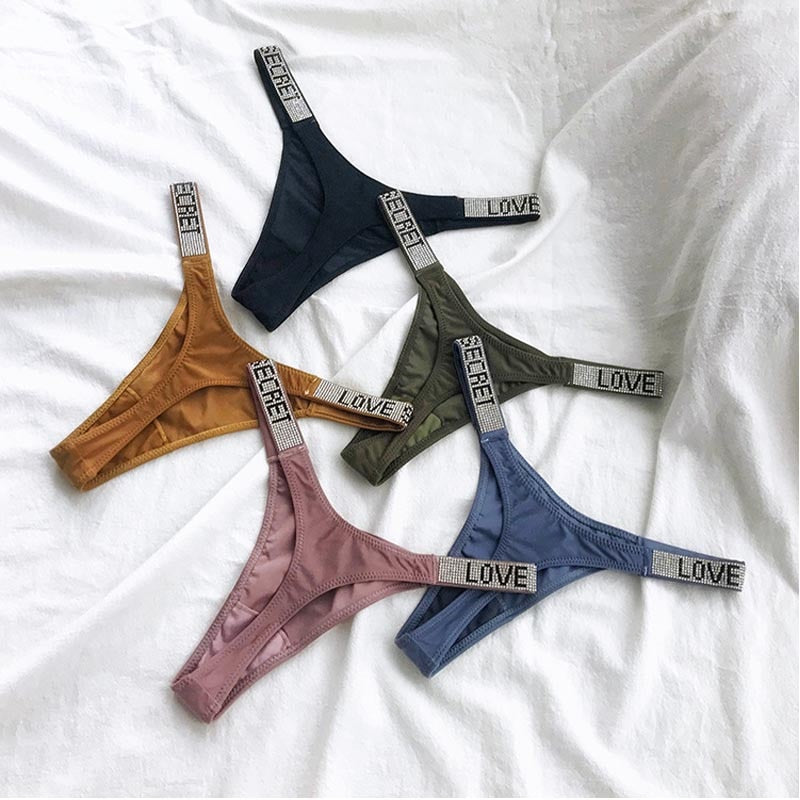 Sexy Women Pantie Crystal Rhinestone Underwear Fitness Gym Thongs Low Rise Fashion Tanga for Female Push Up Lingerie With Letter